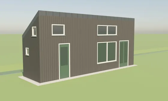 3D-impressie van een klein huis met donkere verticale houten gevel, een lessenaarsdak en groene kozijnen in een open grasland